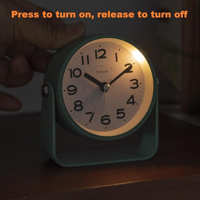 Tinload Analog Alarm Clock for Bedroom, Silent Non-Ticking Quartz Movement, Battery Operated with Snooze & On-Demand Light, Bedside Desk Table Clock, Ideal for Home, Office (Green)