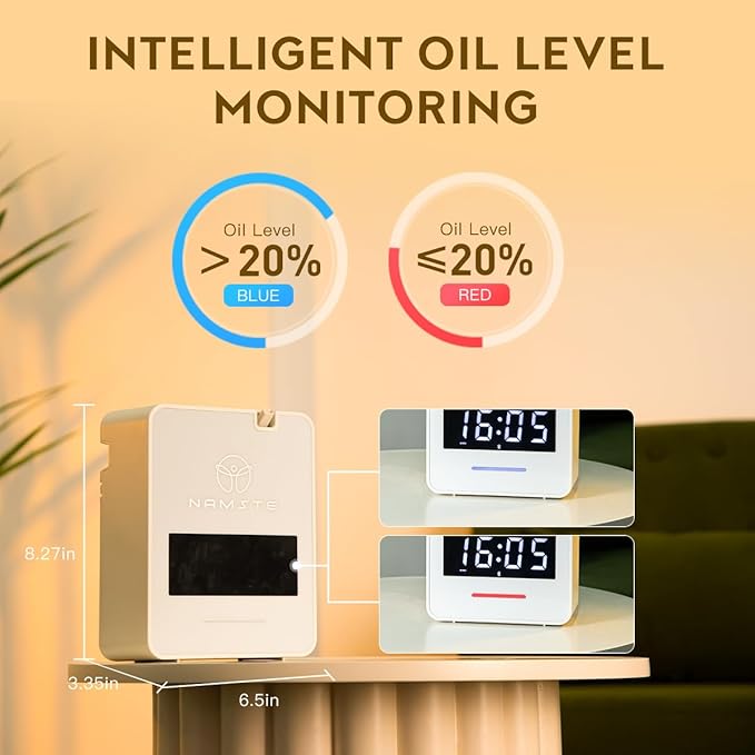 Namste Waterless Diffuser - HVAC System Essential Oil Diffuser with Clock - Whole House & Hotel Coverage 3000 Sq. Ft, 300ML Scent Machine Smart Oil Level Monitoring, Bluetooth Control, Cold Air Tech