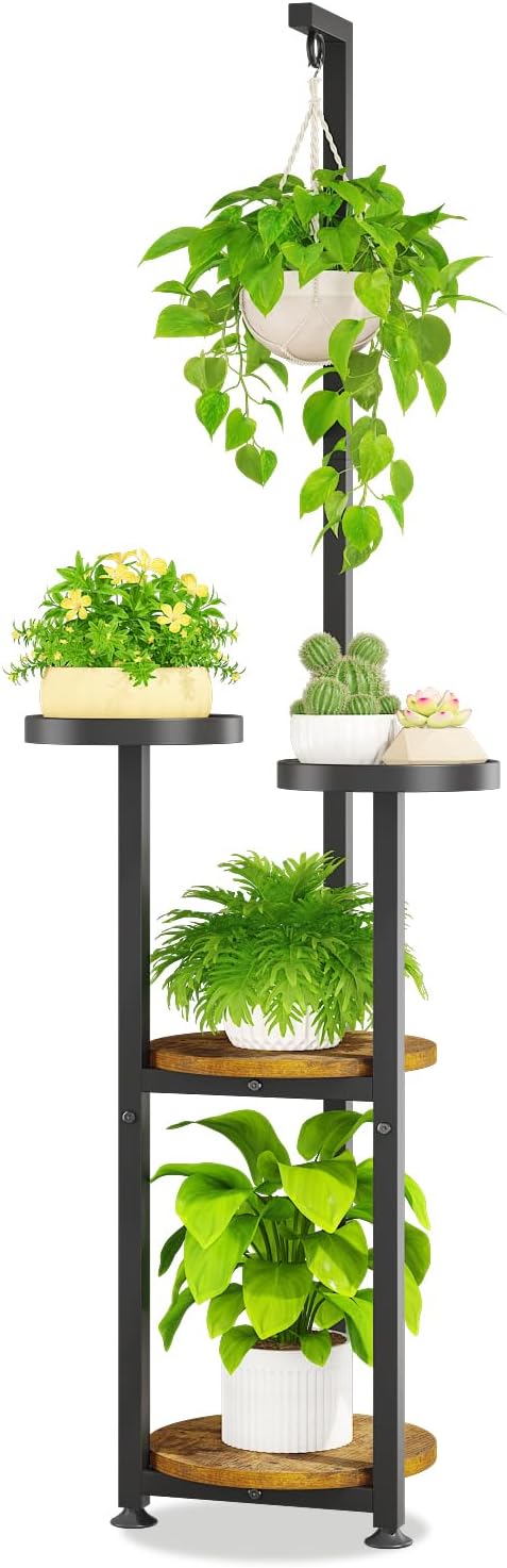 LASZOLA Black 4 Tier Tall Plant Stand Indoor with Hanging Ring, Large Heavy Duty Metal Vertical Corner Rack for Multiple Planter, Sturdy Wrought Iron Flower Shelf Holder Organizer for House Patio