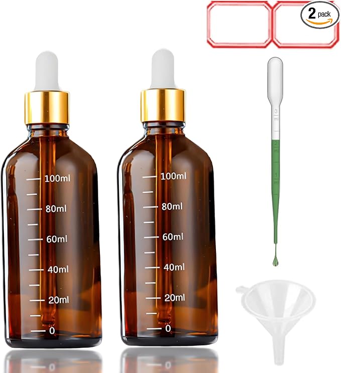 Amber Glass Dropper Bottle 3.4 oz, 2x100ml Amber Brown Glass Eye Dropper Bottles for Essential Oils with Dropper Pipettes, Funnel, and A Plastic Measured Dropper for Diffuser, Beauty Oil Mix