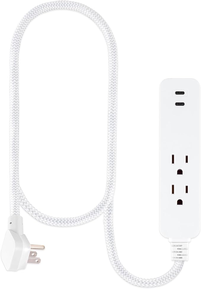 GE 2 USB C Extension Cord Power Strip, 2 Outlets, 4 Ft Braided Cord, Flat Plug, 245 Joules, 12W Charging Power, 16AWG, White, 87434