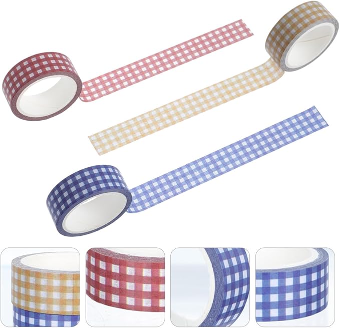 VILLCASE 12 Rolls Vintage Grid Pattern Washi Tape Retro Decorative Paper Tapes for DIY Journals Scrapbooking Planners Crafts Red Blue Yellow for Creative Stationery and Wrapping
