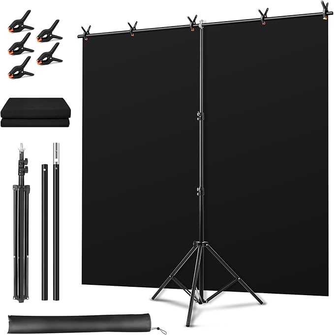 Black Screen Backdrop Kit, Portable Blackscreen Background with T-Shaped Stand, 5 Clamps & Carrying Bag for Photography, Streaming, Zoom, Gaming, (Black, 6.5 Feet X 5.0 Feet)