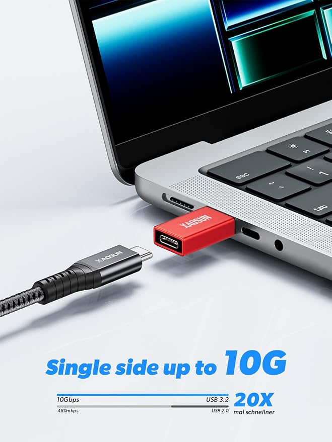 XAOSUN 10Gbps USB to USB C Adapter 3 Pack, 3.1 USBC Female to USB Male Adapter, One-Sided SuperSpeed Data Sync, 100W Fast Charging for iPhone 16 15 14 13, Laptop, Charger, Quest Link, etc, Red