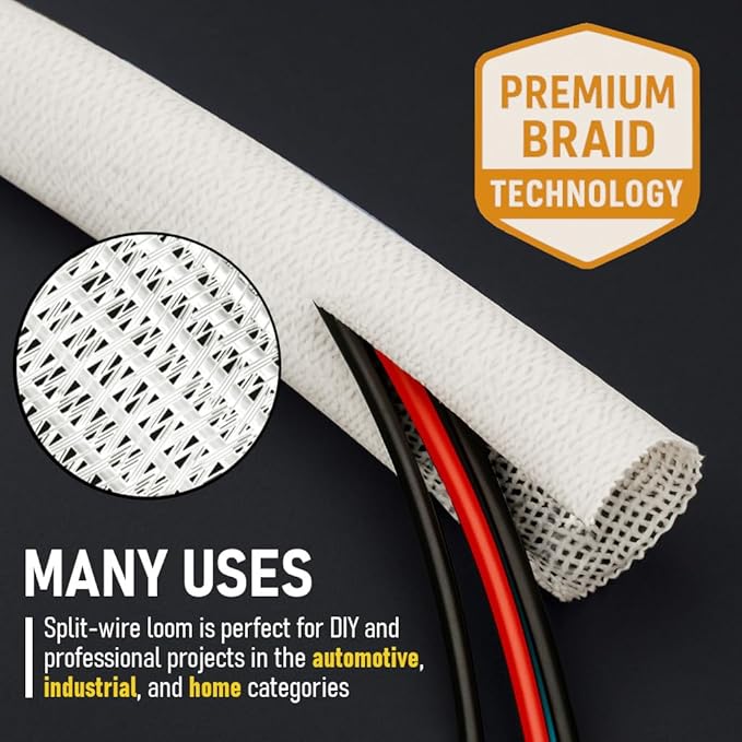 MGI SpeedWare Braided Split-Sleeve White Wire Loom for High-Temperature Automotive Harness and Home Cable Management 10 feet (3/4")