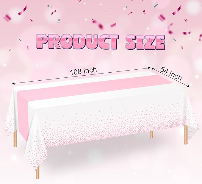 WNINK 4 Pack White and Light Pink Tablecloths, Light Pink Disposable Plastic Waterproof Table Cover, 54" x 108", for Birthday, Baby Shower，Wedding, Bridal Shower, Picnic Camping Parties