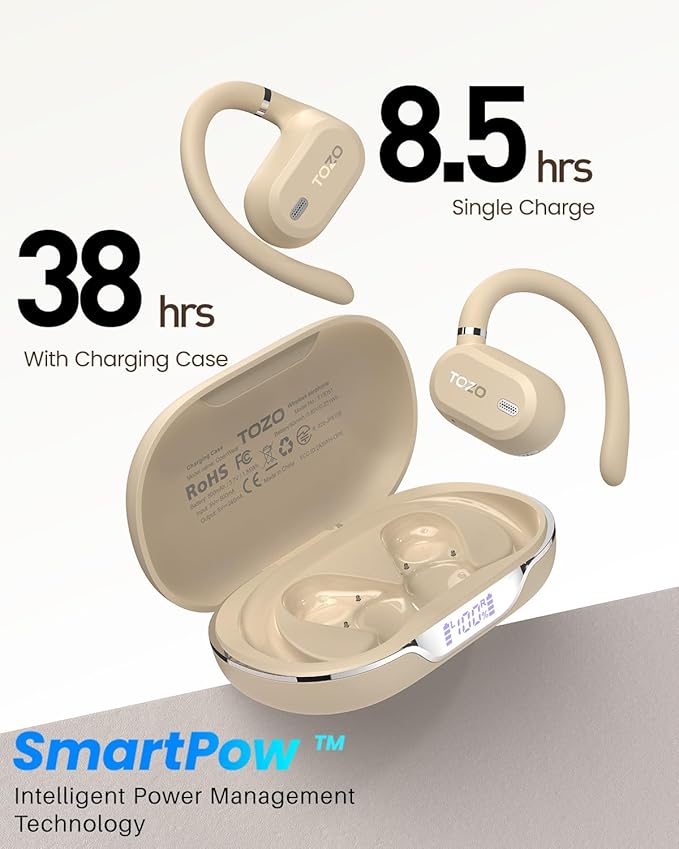 TOZO OpenWear Open Ear Headphones, Adjustable Ear Hooks, Ultra Comfort, Punchy Bass Bluetooth Headphones 5.4 with Smart Digital Display, Immersive Audio Earbuds, Stereo Bass, Fast Charging