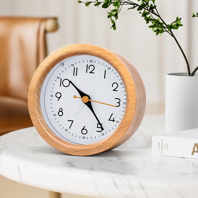 Oxmidud 4'' Natural Wooden Analog Alarm Clock with Soft Night Light - Battery Operated Non-Ticking Silent Tabletop Minimalist Desk & Bedside Clock for Bedrooms Living Room Home Office Decor