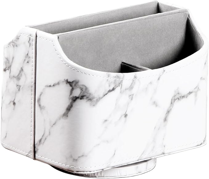 Arniche PU Leather Remote Control Holder,360 Degree Spinning Desk TV Remote Caddy,Desk Organizers and Accessories,for Controller,Media,Mail,Calculator,Mobile Phone,Pen Storage Holder(White Marble)