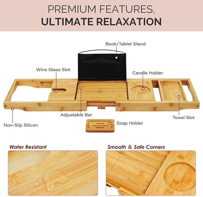 Foldable Bathtub Tray Caddy - Expandable Bath Tray for Tub | Secure, Non-Slip Bathtub Caddy for Tub for Bath Accessories, Self Care Home Spa Gift Set, Relaxing Gifts for Women, New Moms, House Warming