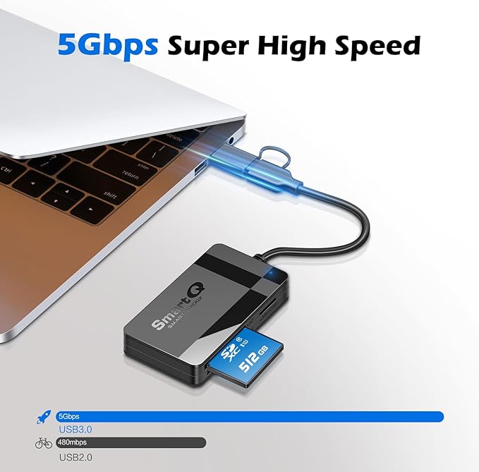 SD Card Reader, Memory Card Reader 4 in 1 USB C USB 3.0 Dual Connector Adapter Simultaneously Read SD MS CF TF Cards Supports Micro SD/Micro. Compatible with desktops, Tablets, and USB-C Smartphones