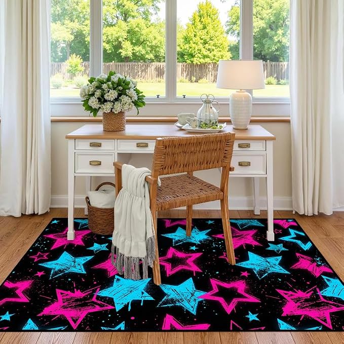 2'x3' Neon Star Area Rug Black Pink and Blue Floor Mat Abstract Star Print Rugs Washable Non-Slip Carpet for Entryway Bedroom Living Room Nursery Kitchen Playroom Home Decor
