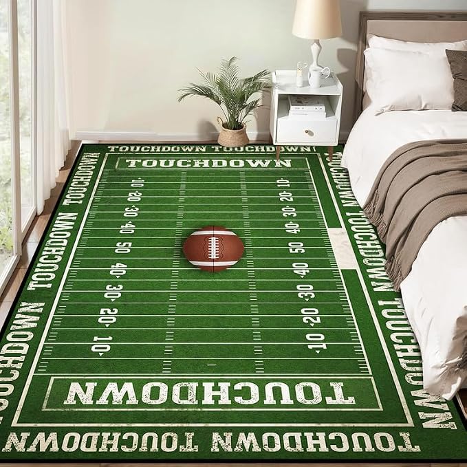 4'x6' Football Field Area Rug Sports Themed Carpet for Nursery Bedroom Playroom Classroom Living Room Home Decor Non Slip Washable Game Room Play Mat
