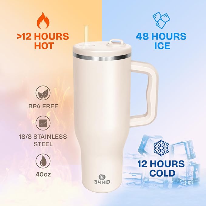 34HD 40 oz Stainless Steel Tumbler - Leakproof Insulated Water Bottle with Handle, Magnetic Lid and Flexible Straw - Iced for 48 Hours – Perfect for Men, Women, Birthday Gift, White - Vanilla Cloud