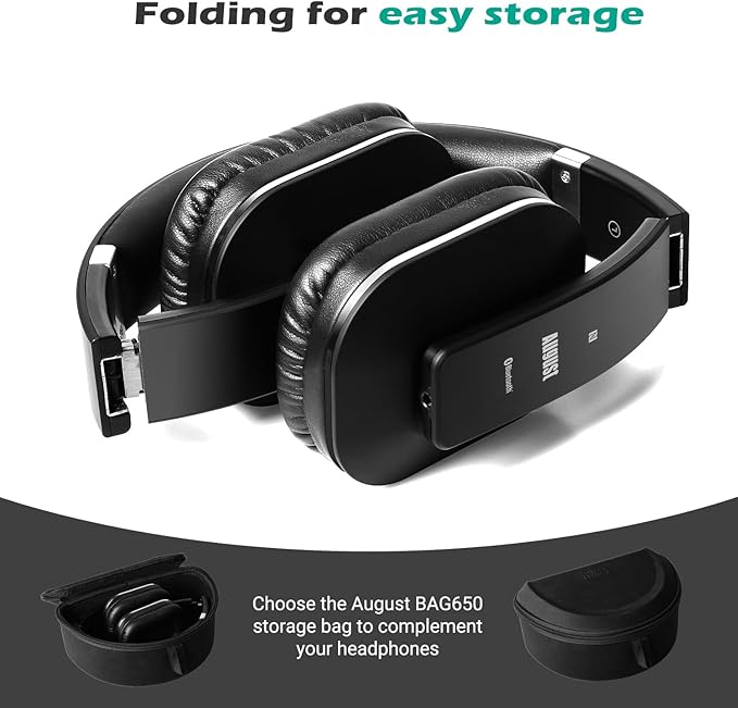 August EP650 Bluetooth Wireless Over-Ear Headphones with aptX Low Latency, NFC, Multipoint Pairing, Wired Option, Built-in Microphone - Black