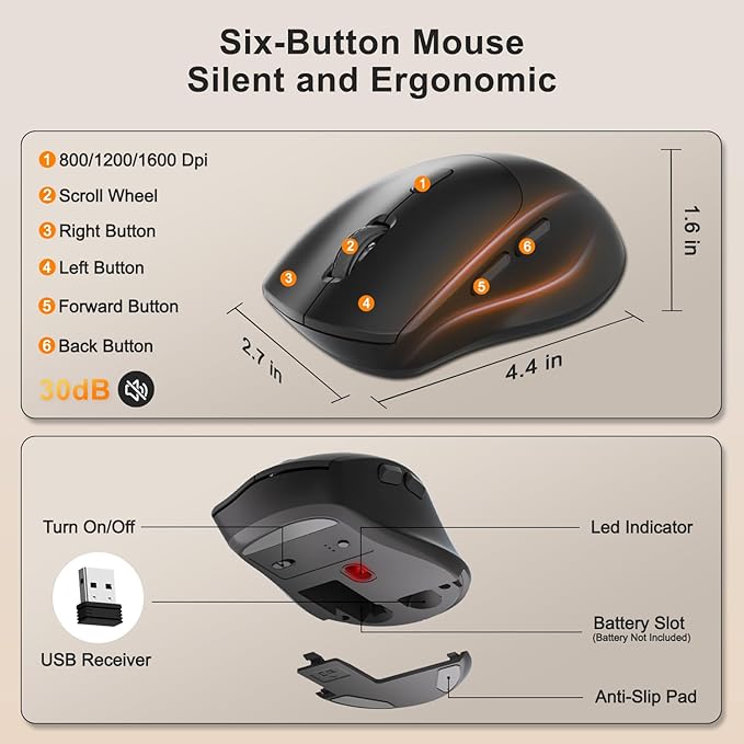 Wireless Keyboard and Mouse Combo, 2.4G Full Size Wave Keys Ergonomic Keyboard with Wrist Rest, Phone Holder, 3-Level DPI Wireless Silent Mouse with 6-Buttons, for Windows/Mac OS/Laptop(Orange Black)
