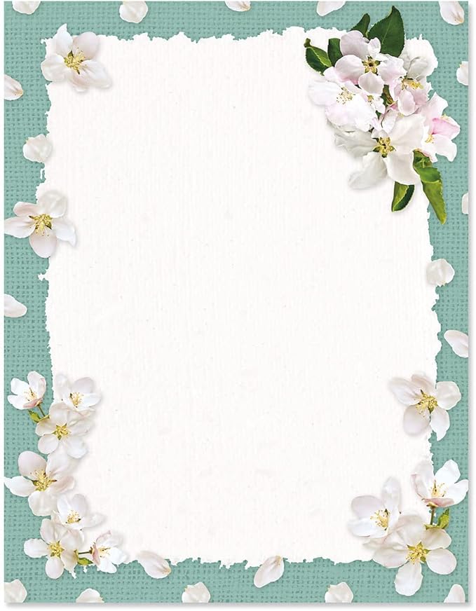 Current White Spring Bloom Floral Letter Paper - Spring Stationery Papers With Decorative Bloom Border, Printable Holiday, Wedding & Bridal Shower, & Invitation Sheets, Set of 25, 8 1/2" x 11"