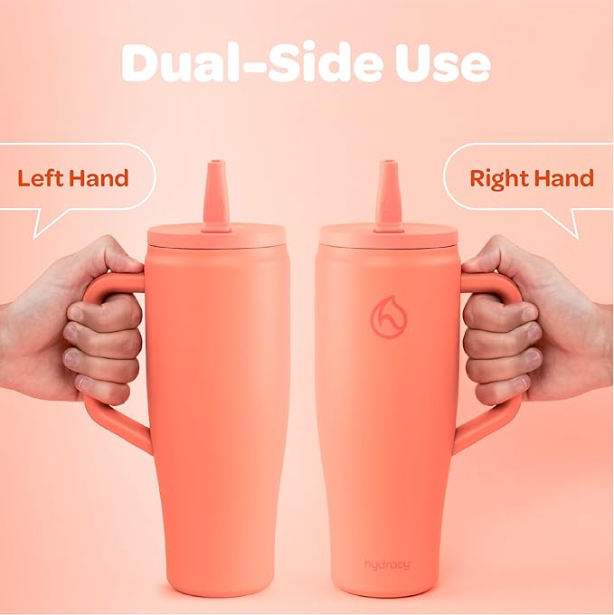 Hydracy 40oz Tumbler with Flip Straw Stainless Steel Insulated Water Bottle with Handle, Reusable Leakproof Rotatable Lid for Left or Right Hand Use, Cupholder Friendly Rubber Base - Coral Crush