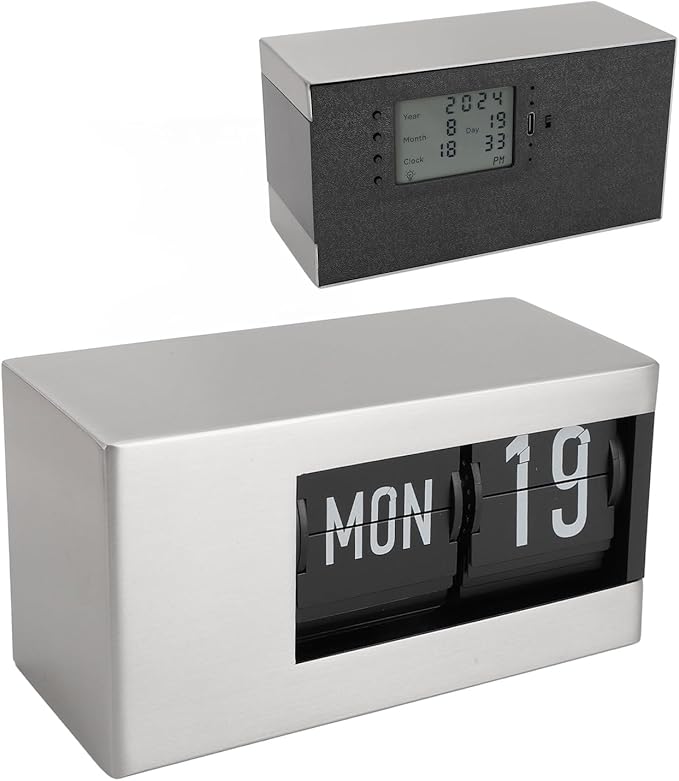 Flip Desk Clock, Intelligent Perpetual Calendar Unique Flip Design Flip Clock 2600Mah Built in Batteries Digital Flip Down Clock for Home Room Office (Silver)