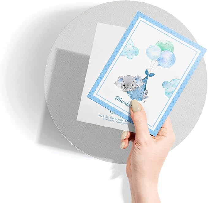 Twigs Baby Shower Thank You Cards with Envelopes - 12 Set Baby Shower Cards for Boy, New Baby Congratulations Cards, Welcome Baby Card, Made in the USA - Blue Elephant Designs, 5.5 x 4.25 Inch Size