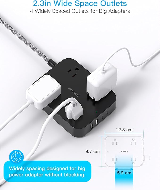 Black Extension Cord 15 Ft, HANYCONY Flat Plug Power Strip with 4 Outlets 4 USB Ports(2 USB C), Wall Mount Charging Station, No Surge Protector for Home Office College Dorm Room Travel Essentials