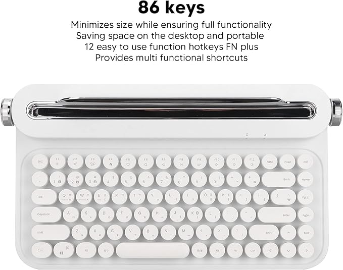 OPPWONG Vintage Bluetooth Keyboard 86 Keys Portable Wireless Keyboard with Red Esc Replacement Keycap Integrated Stand Recess Design for Smartphones, Tablets, Laptops (White)