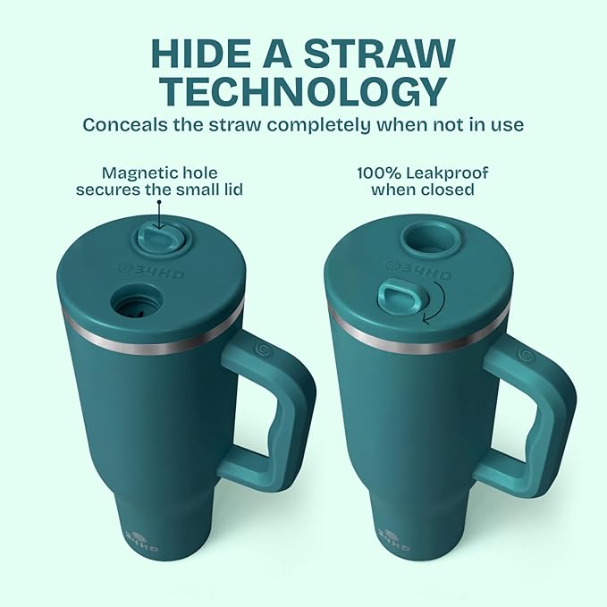 34HD 40 oz Stainless Steel Tumbler - Leakproof Insulated Water Bottle with Handle, Magnetic Lid and Flexible Straw - Iced for 48 Hours – Perfect for Men, Women, Birthday Gift, Green - Teal Mirage