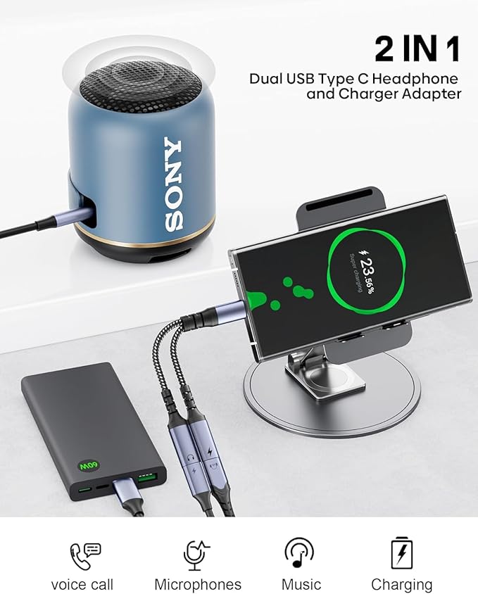 USB C Splitter 1 in 2 Out HiFi Audio Adapter, Dual USB C Headphone and Charger Adapter Support Call PD 60W Charge for iPhone 17/16 / 15 Series, MacBook, iPad, Galaxy S25 / S24 and More （Cold Gray）
