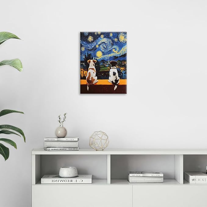 Dog Wall Art, Starry Night Dalmatian Pictures Wall Decor, Dogs Canvas Prints Painting, Framed Artwork for Bathroom Living Room Bedroom Office Dining Room 16"X12"