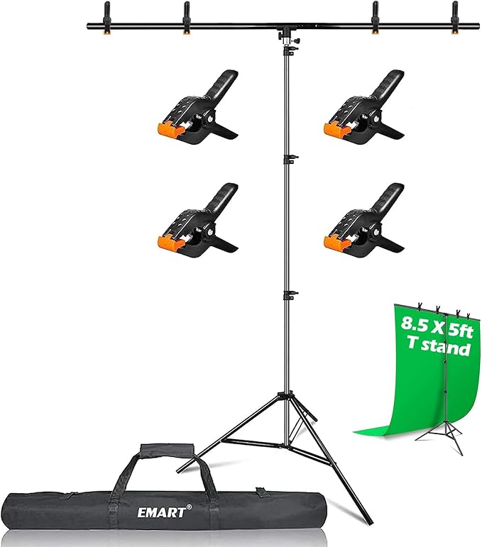 EMART 8.5 x 5ft Portable T-Shape Backdrop Stand Kit with Adjustable Frame, 4 Spring Clamps & Carry Bag for Parties, Photography, Video, and Studio Background Support