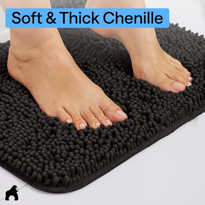 GORILLA GRIP Bath Rug Mat 70x24, Thick Soft Absorbent Chenille, Quick Dry Microfiber Mats, Rubber Backing Washable Shower Floor Rugs, Bathmat Runner, US Designed Bathroom Home Decor Accessories Black