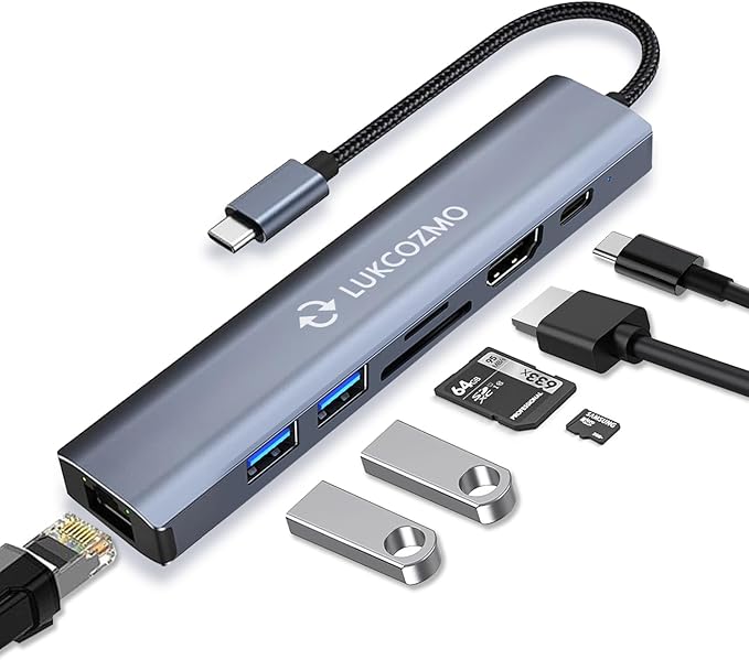 USB Hub 3.0, 7 in 1 USB Hub with 1000M Ethernet, 4K HDMI, 2 USB3.0, 100W PD, SD/TF Card Reader Docking Station Compatible with Your Cell Phone MacBook/Dell/HP/Surface/Lenovo/Steam Deck