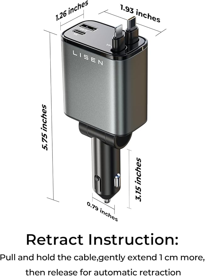 LISEN Retractable Car Charger, for Gifts for Him Her, 69W Cars Adapter USB C Fast Charger for iPhone 17-11, Car Accessories Gadgets for Men, Anniversary Birthday Gifts for Men Women, for Samsung