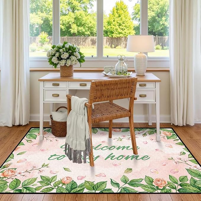 Welcome Rug Floral Area Rug for Bedroom Living Room Nursery Playroom Classroom Home Decor Pink Rose Green Leaf Carpet Non-Slip Washable Floor Mat,4'x6'