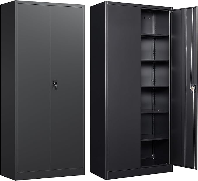 SISESOL Metal Storage Cabinet with 2 Doors and 6 Shelves,71" Lockable Garage Storage Cabinet,Black Metal Cabinets with Lock,Locking Steel Cabinets for Home,Office,Garage,Shop,School