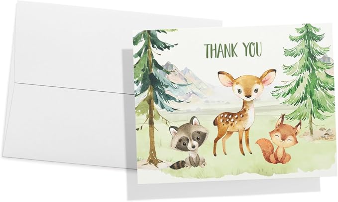 Twigs Baby Shower Thank You Cards with Envelopes - 12 Set Baby Shower Cards for Girl, New Baby Congratulations Cards, Welcome Baby Card, Made in the USA - Forest Animal Designs, 5.5 x 4.25 Inch Size