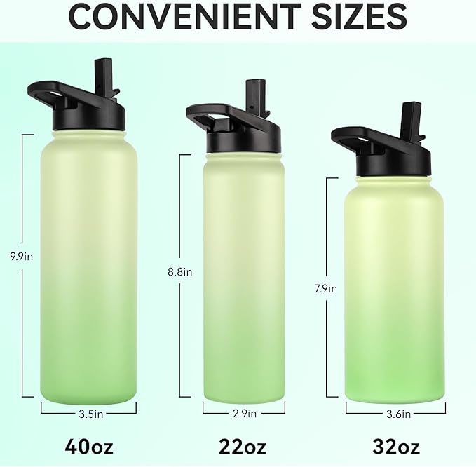 DOMICARE Insulated Water Bottle, 22 oz Vacuum Insulated Stainless Steel Reusable Sports Bottle with Straw Lid & Spout Lid for Travel, Camping, Bike, Leakproof, Green Gradient, 4 Pack