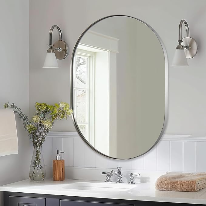 ANDY STAR Chrome Oval Mirror, 24x32'' Oval Mirror Pill-Shaped Contemporary Design in 1'' Antirust Stainless Steel Metal Frame for Bathroom, Entryway Wall Mounted Vertical/Horizontal
