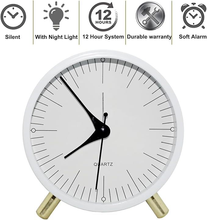 SHISEDECO Alarm Clock with Backlight, 4.5 inches Bedside Analog Non-Ticking Silent Small Deskclock with Arabic Numerals, Battery Operated Round Tableclock for Living Room, Bedroom (White-S)