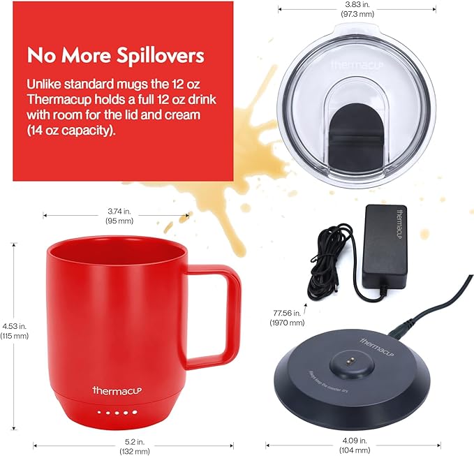 THERMACUP Premium Heated Coffee Mug with 5 Temperature Settings, Industry-Leading Smart Electric Cup, Up to 8-Hour Battery, 12oz with Lid (14oz Total Capacity), Cherry Red