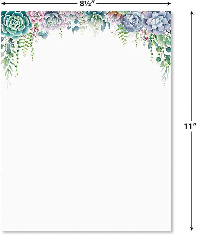 Current Succulent Floral Letter Paper - Spring Stationery Papers With Decorative Succulent Flowers Border, Printable Holiday, Wedding & Bridal Shower, & Invitation Sheets, Set of 25, 8 1/2" x 11"