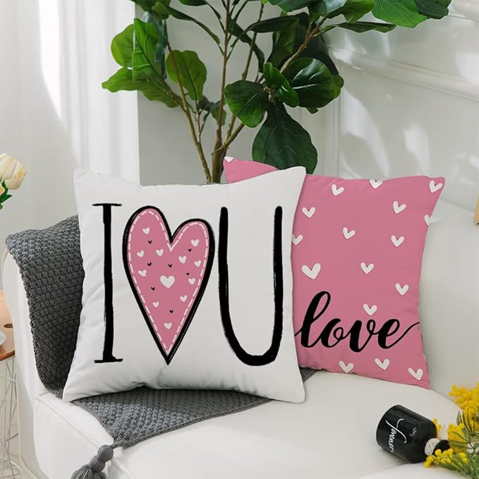 GEEORY Valentines Day Pillow Covers 18x18 Set of 4 Love Heart Valentines Pillows Decorative Throw Pillows Cushion Cases Valentine Decorations Valentines Day Deocr Pink