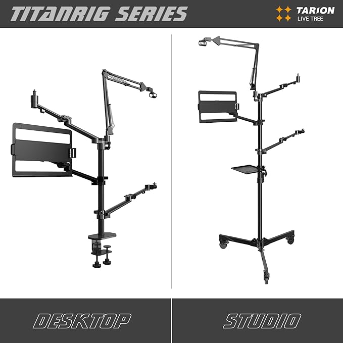 TARION Live Streaming Stand with Wheels - 61"/155cm 5-in-1 Stream Stand Equipment Kit: 1 Mic Boom + 3 Articulated Arms + 1 Projector Holder, Adjustable Heavy-duty Floor Live Tree Stand Setup TitanRig