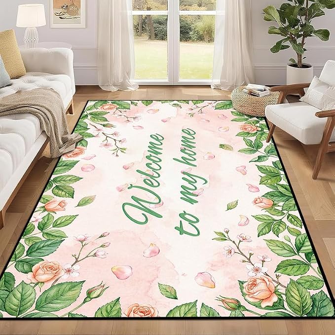 Welcome Rug Floral Area Rug for Entryway Bedroom Living Room Nursery Playroom Classroom Home Decor Pink Rose Green Leaf Carpet Non-Slip Washable Floor Mat,3'x5'