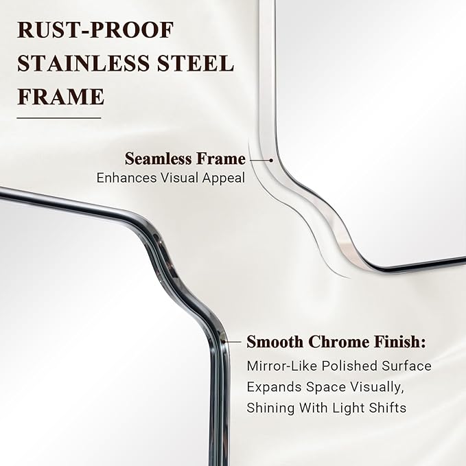 ANDY STAR 36x40 Inch Chrome Bathroom Mirror, Large Scalloped Mirror for Wall, Modern Polished Nickel Mirror in Anti-Rust Stainless Steel Meral Thin Frame, Ideal for Bathroom Remodel