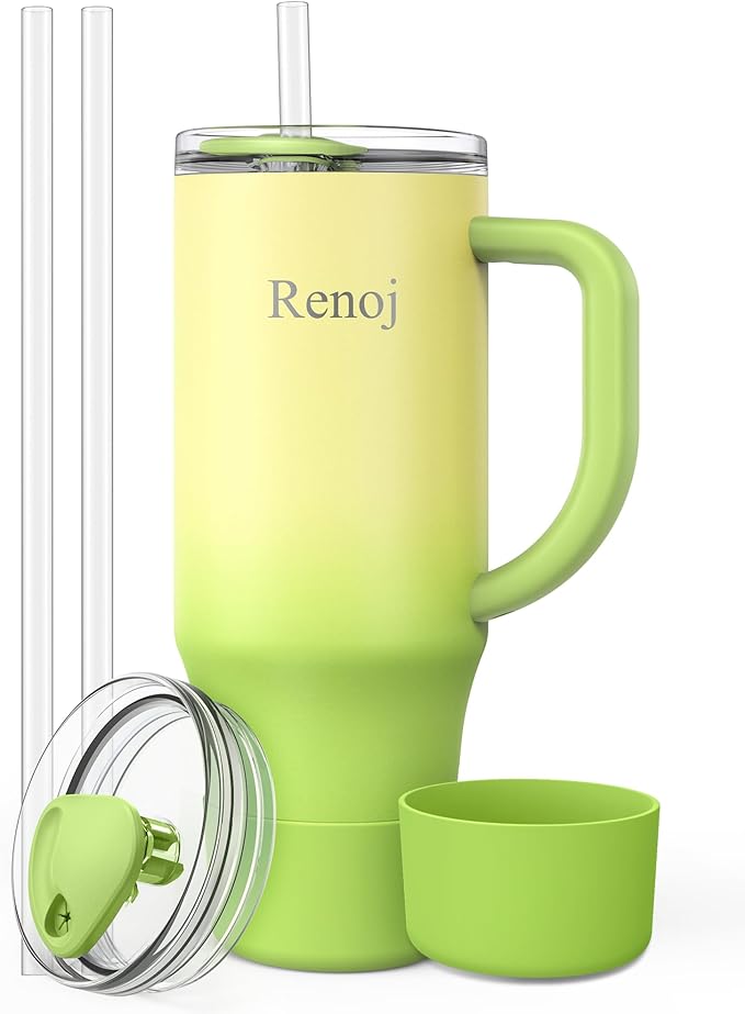 Renoj Tumbler with Handle 100% Spill Resistant Insulated Water Bottle for Iced Coffee & Hot Drinks - Fits Car Cup Holder, Ideal Gift, 2 Straws & Silicone Boot BPA-Free - FlexSlide Green Gradient 32 oz
