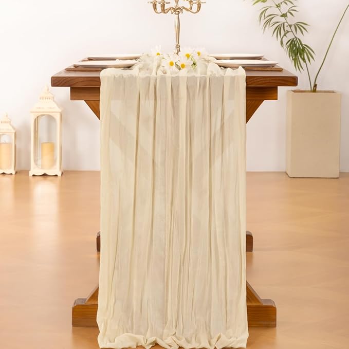 Socomi 10pcs Beige Fall Thanksgiving Cheesecloth Table Runner Boho Rustic Gauze 120 inch 10FT Cheese Cloth Runner for Wedding Party Baby Shower Birthday Home Decor Holiday Decorations