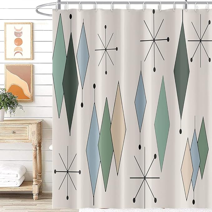 Mid Century Shower Curtain Modern Abstract Diamond Geometric Atomic Starburst Pattern for 1950s Retro Bathroom Decor Accessories Shower Curtain Set with 8 Hooks, 48x72 Inches