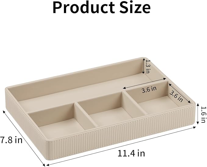 NICLNGSH PU Leather Valet Tray, Decorative Trinket Vanity Desk Drawer Organizer Tray, Perfume Dish Catch All Bowl for Keys, Nightstand Drawer Organizer Women Men with 4 Compartments (Beige)
