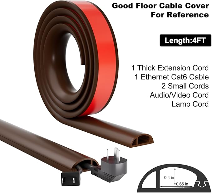Kneelisa 4FT Side-Open Extension Cord Covers for Wires on Floor,Silicone Power Cable Protector Cord Hider Management Strip,Hide Electric Wire on Carpet,Chord Runner Protective Safety Wiremold,Brown